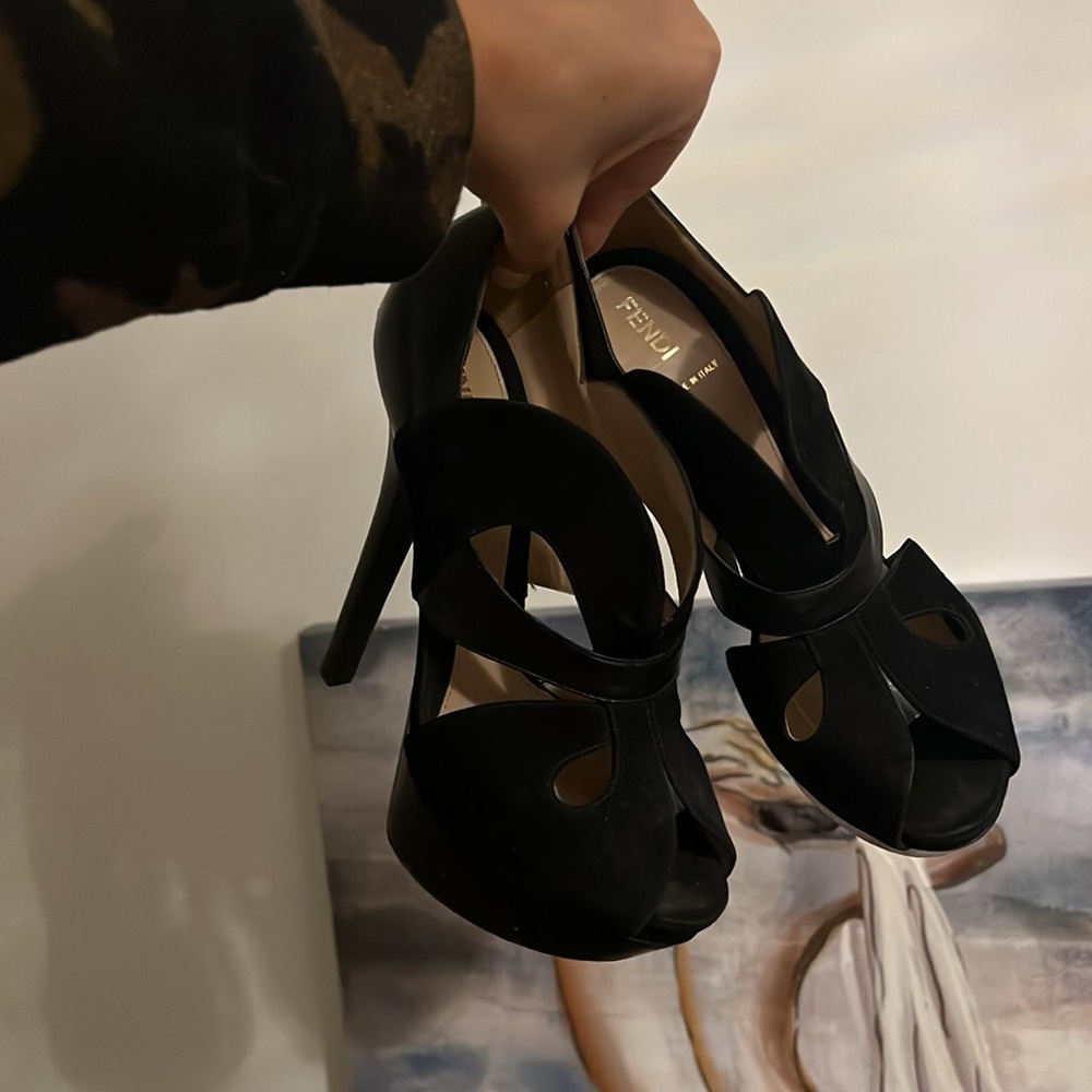 Fendi black suede & leather wood platform heels 38.5